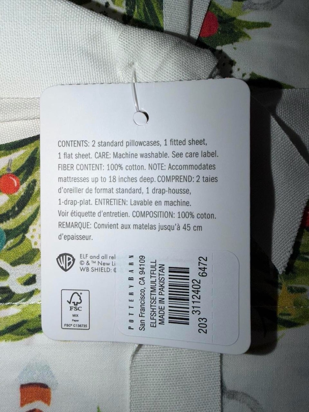 NWT Pottery Barn White FULL size Holiday Tree & Elf Print Sheet Set - Picture 2 of 2
